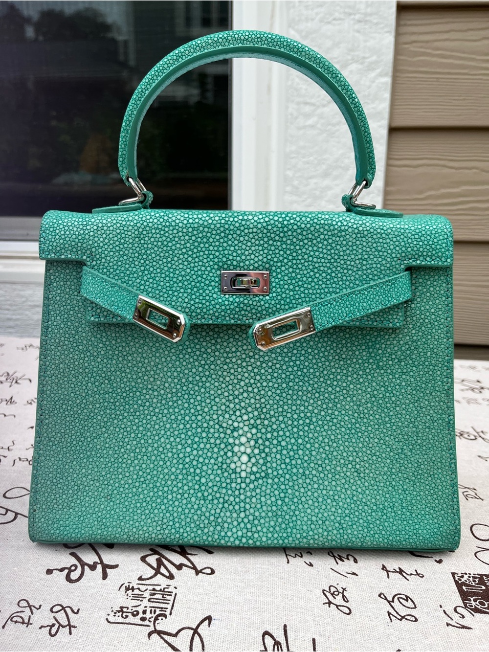 Genuine Polished Stingray Skin Leather Handbag 25cm - Turquoise (Rare)